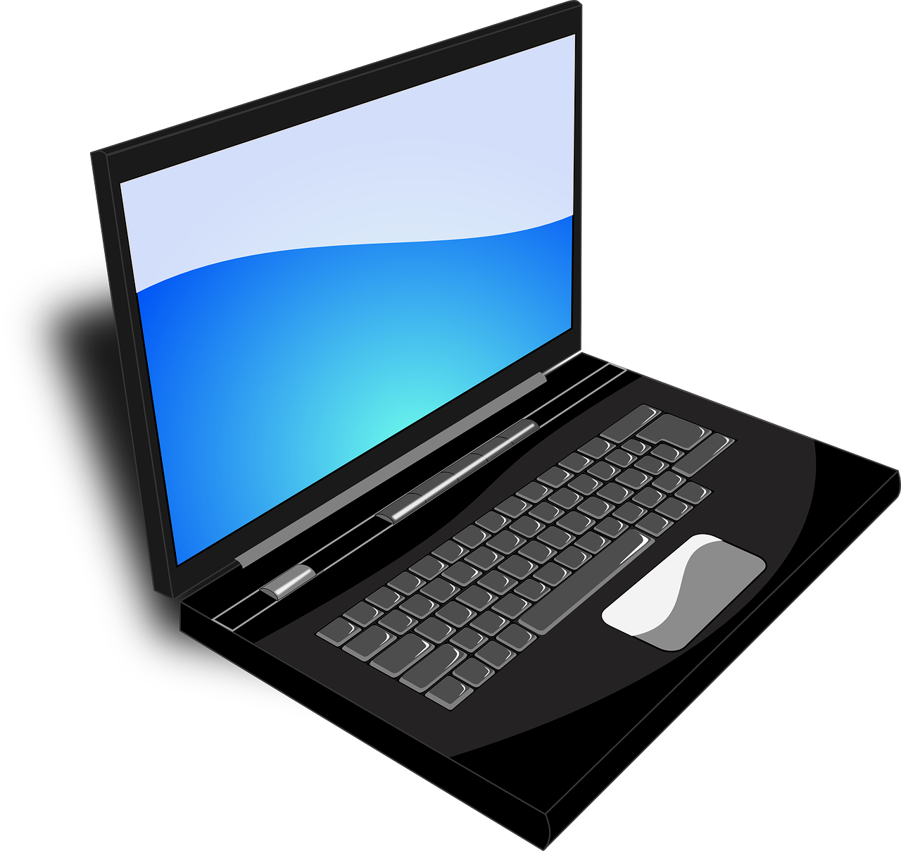 PC laptop open with blue screen, side angle view