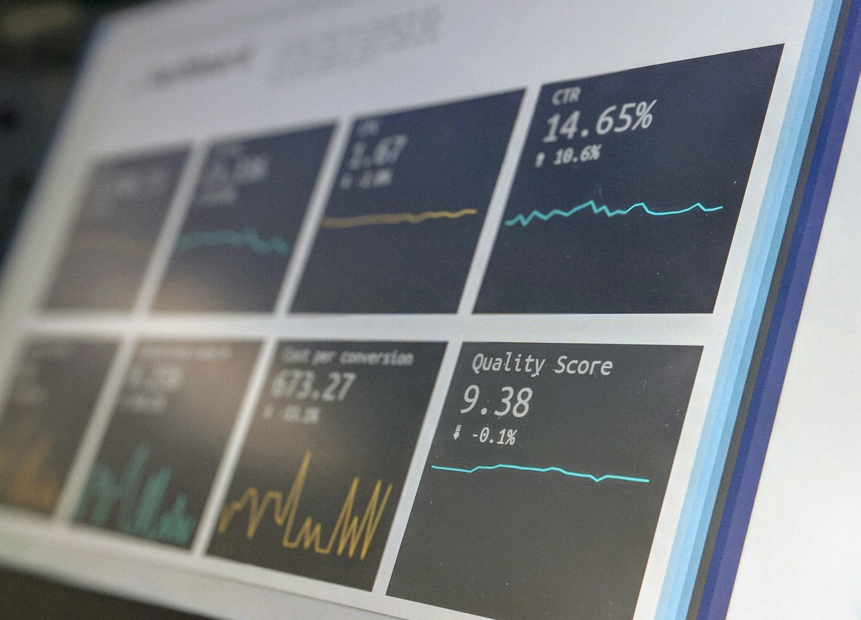 Computer screen showing dashboard of cards with data graphs. Credit to Stephen Dawson on Unsplash.com