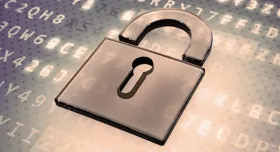 graphic representation of a stylzed golden grey translucent padlock floating above cybertext shown on a diagonal.