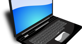 PC laptop open with blue screen, side angle view