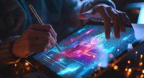 User working in large touch screen tablet in dim lighting. The screen glows hot pink and luminescent turqoise with the users hands touching the screen and holding a stylus.