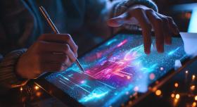 User working in large touch screen tablet in dim lighting. The screen glows hot pink and luminescent turqoise with the users hands touching the screen and holding a stylus.